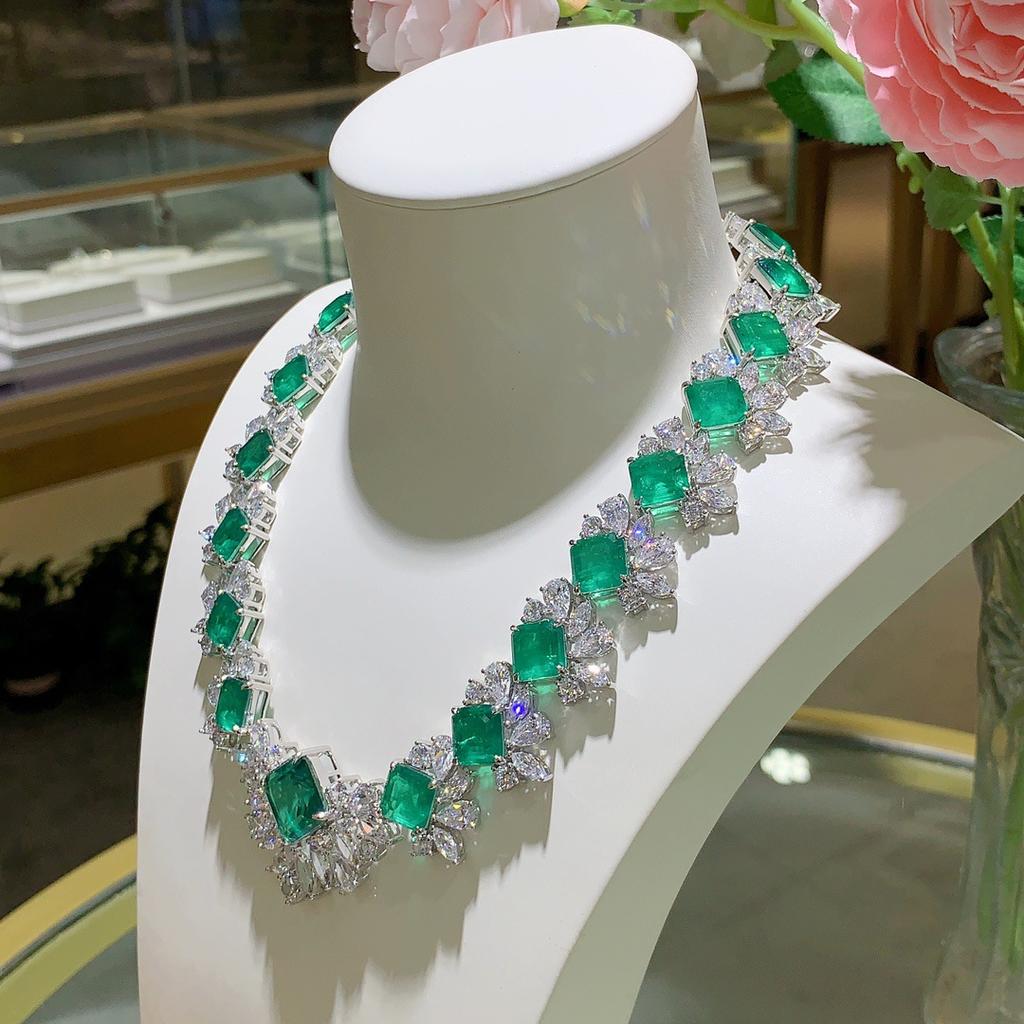 Роскошное банкетное большое ожерелье, нерегулярная имитация изумруда, полный бриллиант, серебряное 925 пробы, вечернее платье, ожерелье