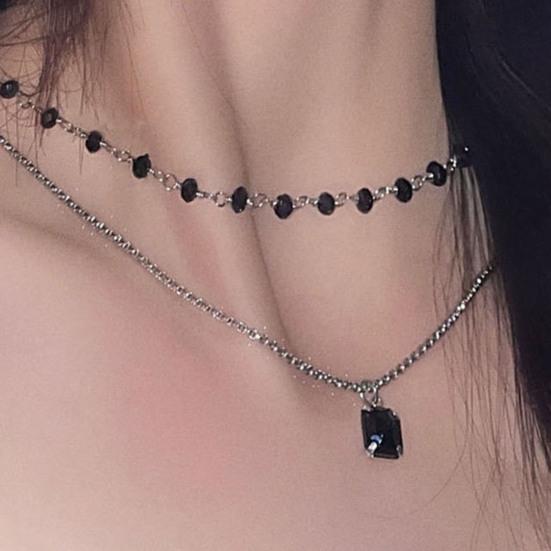 Двойные слои, черный декор со стразами, изысканные регулируемые легкие женские украшения на шею из нержавеющей стали, ювелирные изделия