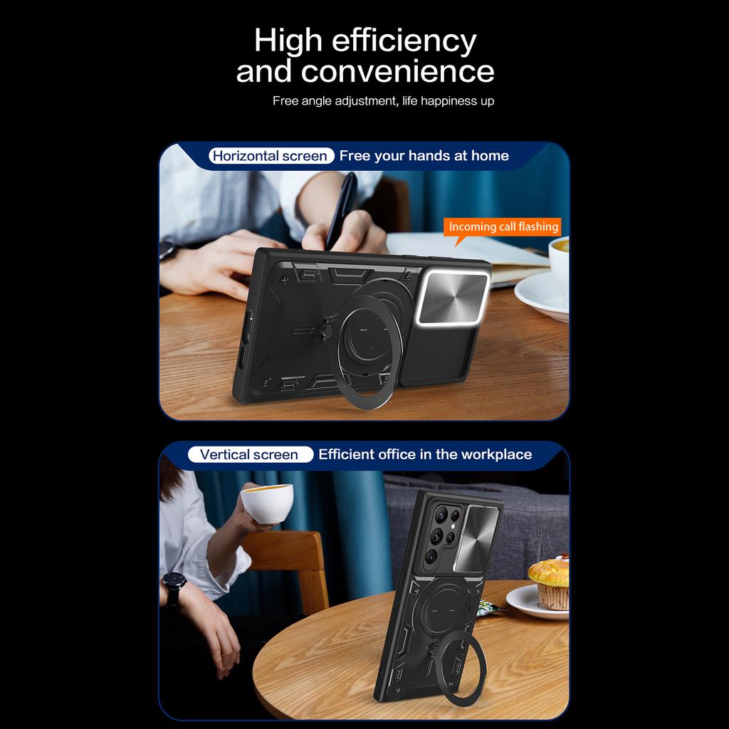 Для Samsung Galaxy S22 Ultra 5G Вращающаяся подставка Чехол для телефона Ударопрочная PC+TPU накладка со сдвижной крышкой камеры