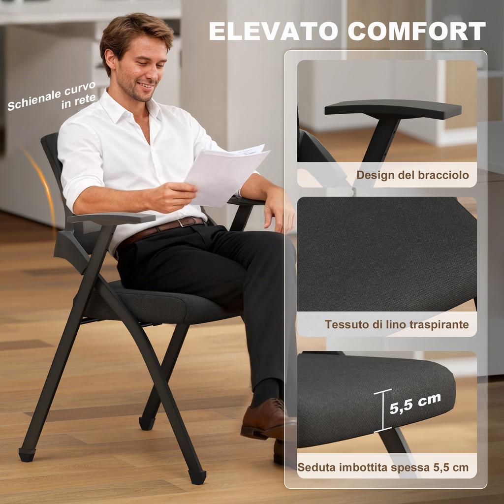 Set of 2 Folding Chairs with Curved Backrest and Armrests, in Linen-Effect Fabric and Steel, 61x56x84 cm, Black