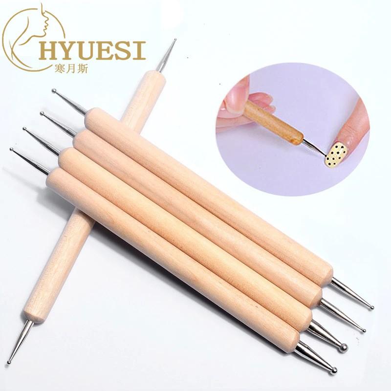 5-Piece Wooden Handle Nail Art Dotting Tool Set Polka Dots Rhinestones Flower Patterns Gel Polish Design