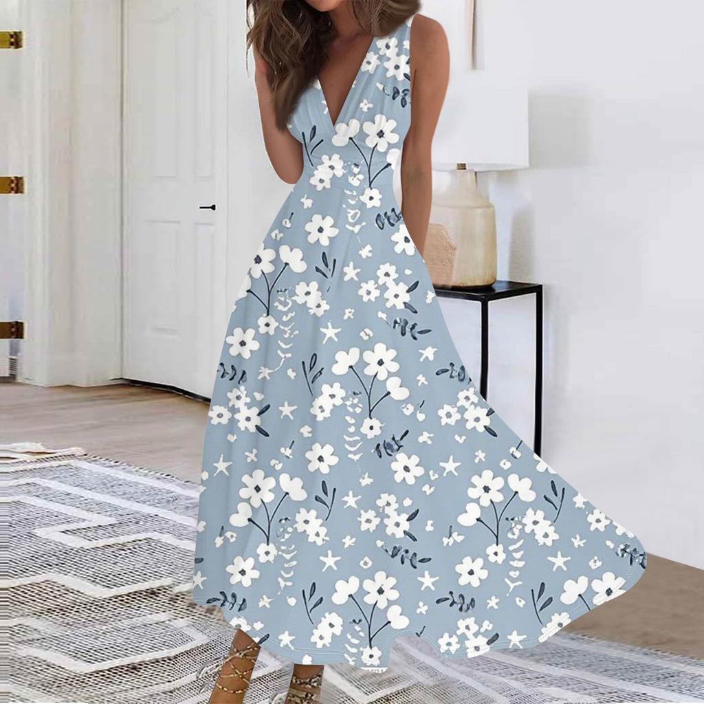 Женские модные повседневные свободные платья с V-образным вырезом без рукавов с принтом