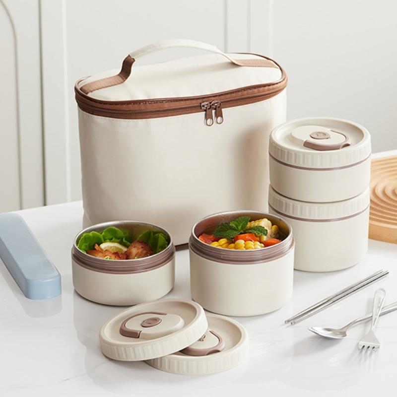 Thermal Food Storage Container 4 Compartment Bentos Box Set with Insulated Lunch Bags for Office School Use