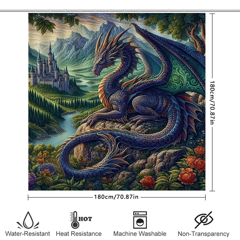 Fantasy Dragon Bath Mat Shower Curtain Set Medieval Castle Landscape with Greenery Blue Purple Red Floral Design Decor for Bathr