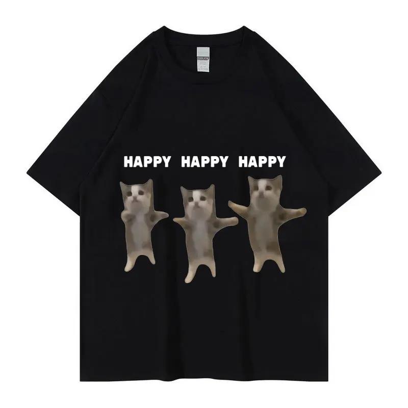 Cat Print T-shirt for Men and Women Happy Dancing Cat Print Short Sleeve Shirt Casual Cotton Fashion Plus Size Graphic T Shirts