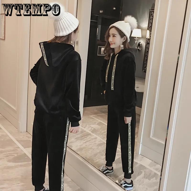 Warm Suit Women's Leisure Sports Suit Long-sleeved Plus Velvet Thickened Hoodie Women's Gold Velvet Hooded Sweater Two-piece Suit