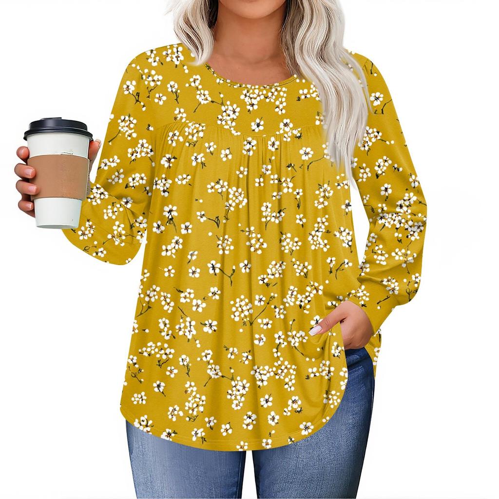 Womens Plus Size Tops Long Sleeve Shirts Round Neck Flowy Tunic Casual Loose Blouse L-5X