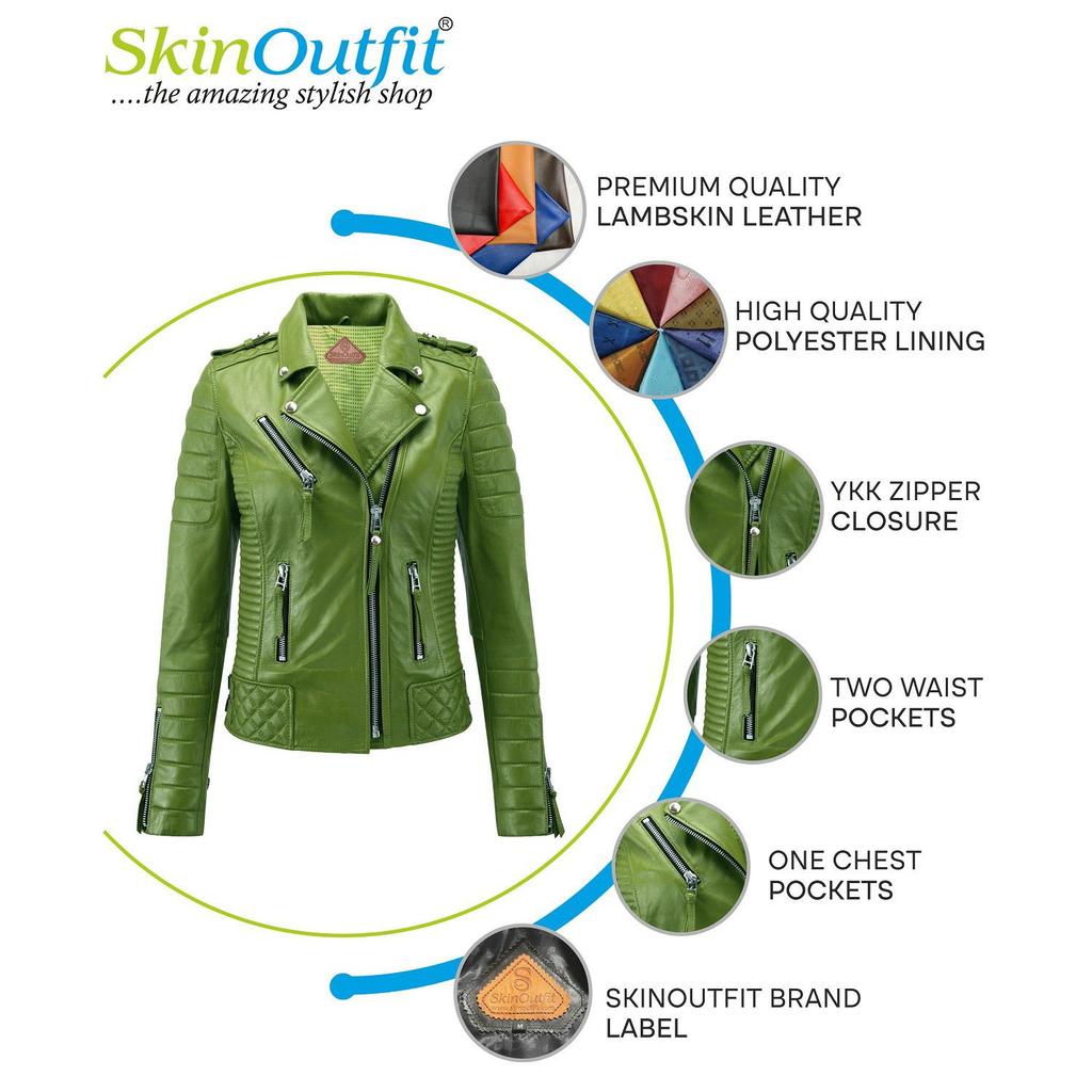 SKINOUTFIT Женская мотоциклетная кожаная куртка из натуральной светло-зеленой овчины, кафе-рейсер, байкерская верхняя одежда