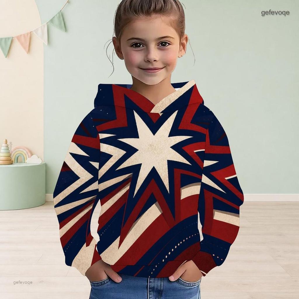 Girls Long Sleeve Hoodie Firework Printed Red Navy Gold Casual Pullover