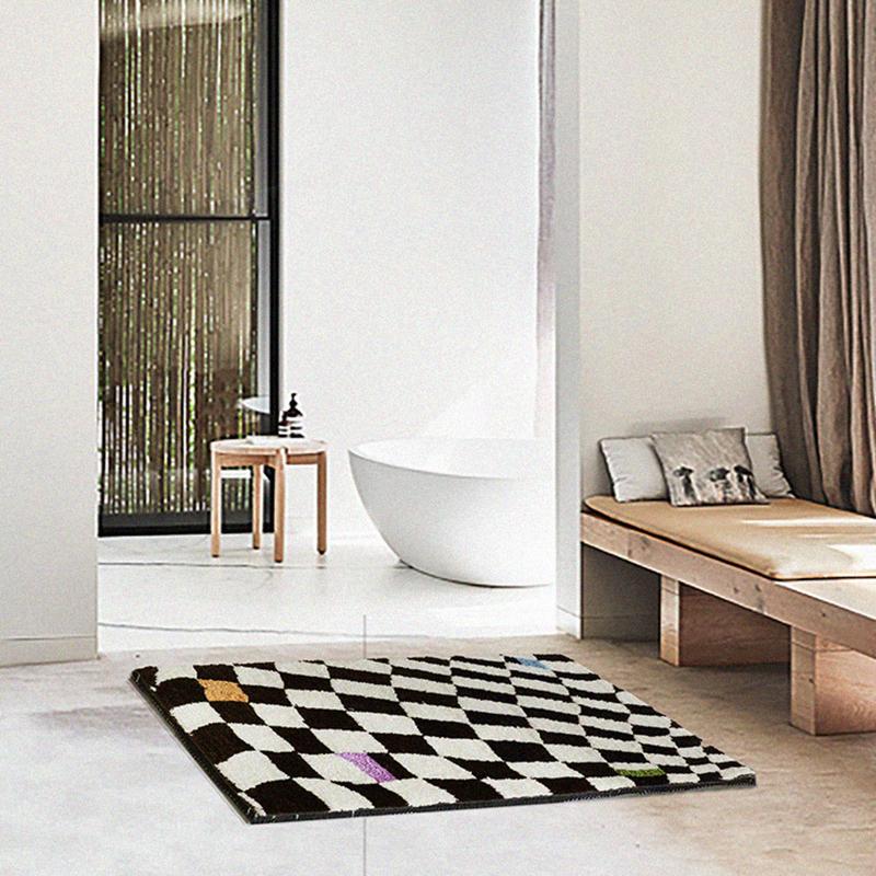 Vintage Grids Bathroom Mat Soft Fluffy Rug Bedroom Bedside Living Room Carpet Entrance Floor Anti Slip Pad Aesthetic Home Decor