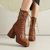 Autumn and Winter High-heeled Platform and Ankle Boots Square Head Front Lace-up Low-tube Martin Boots for Women