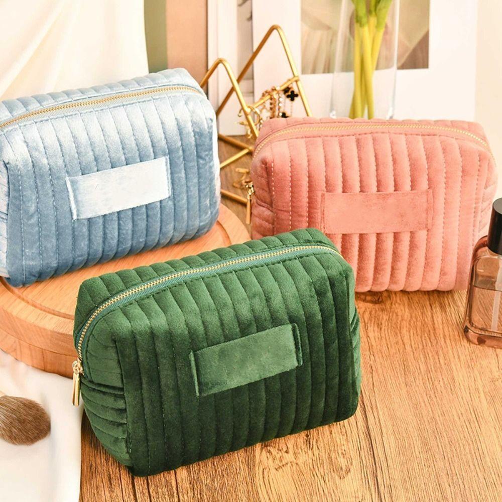 Zipper Travel Toiletry Bag Solid Color Cosmetic Pouch Portable Velvet Makeup Bag Office