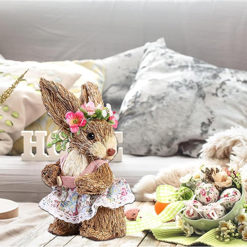 Соломенный пасхальный кролик, пасхальный кролик, фигурка, украшения, пасхальный кролик, пасхальный кролик, украшение стола, стоящая соломенная фигурка в форме кролика