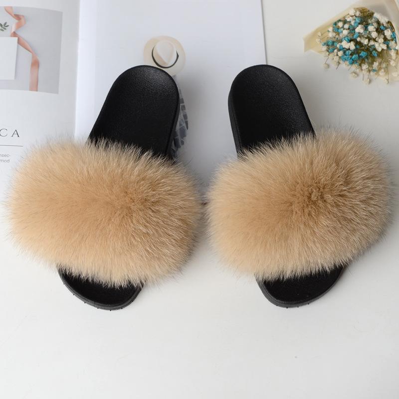 Furry Slippers for Women The Same Style In Summer Real Fox Fur Slippers Plus Size Female Sandals