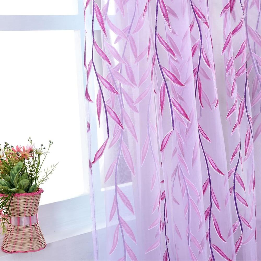 2 Pieces Voile Tulle Willow Leaf Window Curtain Room Salix Leaf Sheer Vine Drapes Curtain Willow Leaf Curtain for Living Room Bedroom Balcony