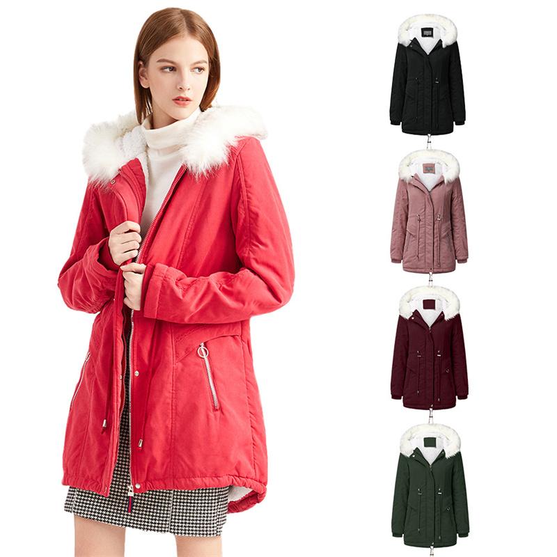 Women's Fashion Cotton Coat Mid-length Hooded Winter Warm Plus Fleece Coat Cotton Coat