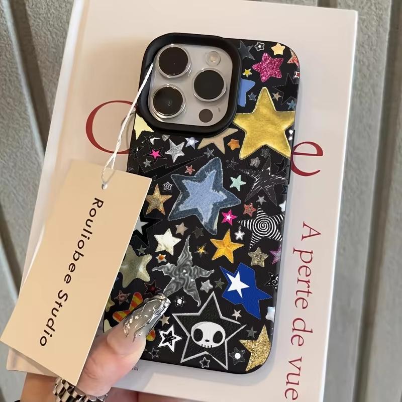 Стильный и яркий чехол для телефона со звездным узором для iPhone 17 Pro Max 16 Plus 15 Pro 14 13 12 11 XR 17Air Мягкий чехол с текстурой личи