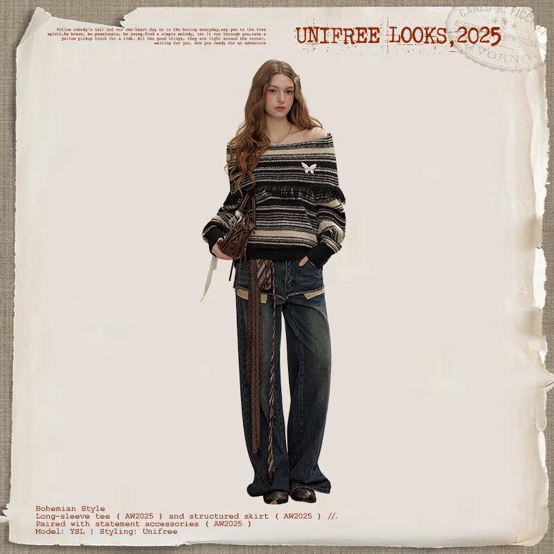 unifree Women's Off-Shoulder Striped Tassel Sweater