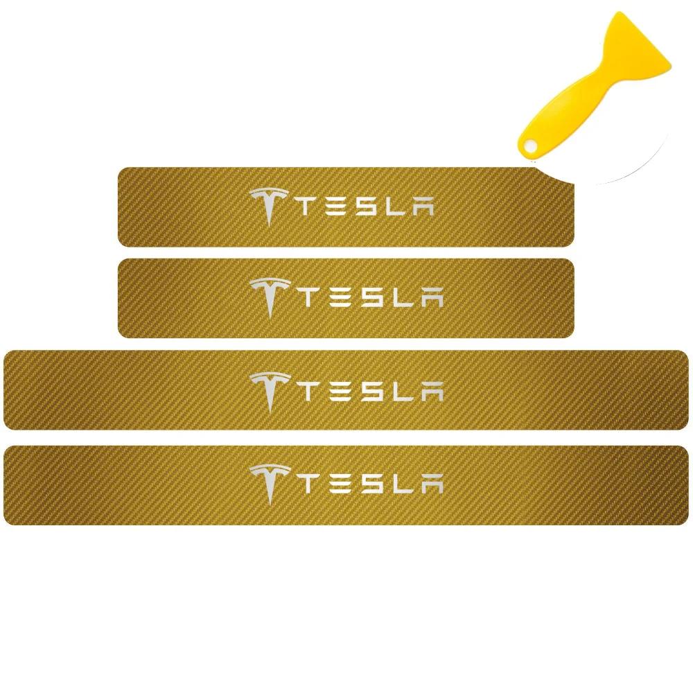 Car Sticker Tesla 4pcs Car Anti Scratch Scuff Carbon Fiber Door Threshold Stickers for Tesla Model 3 Model S X Model Y Roadster 