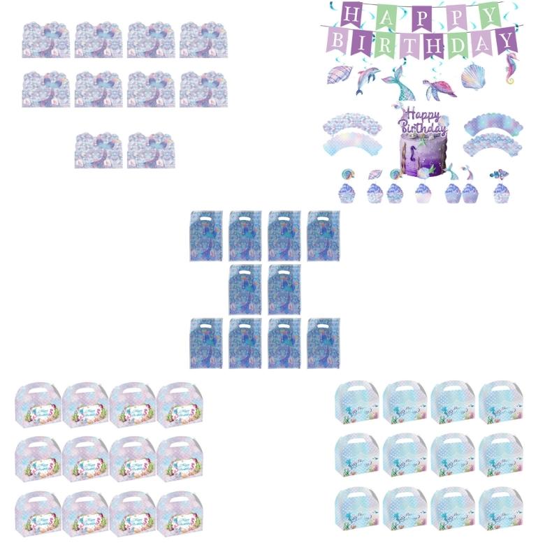 Mermaids Dinnerwares Set for Ocean Themed Party Birthday Gift Boxes and Bags Flag Banners Cake Insert and Hanging Swirls