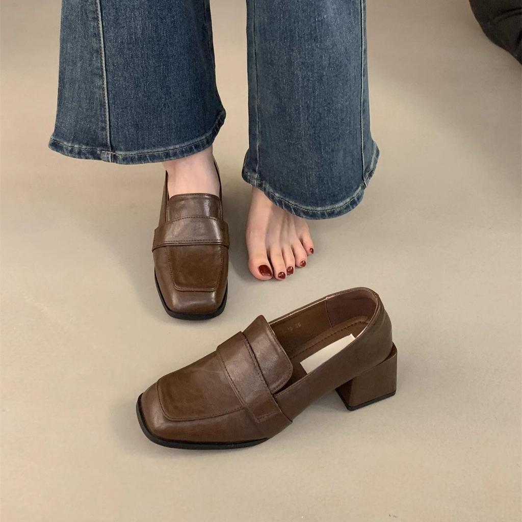 Черные мокасины с квадратным носком, ленивые, с одной педалью, на толстом высоком каблуке, маленькие кожаные туфли, универсальные французские туфли Мэри Джейн, женские, на среднем каблуке