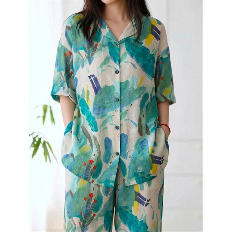Small fresh contrasting color design cotton and silk pajamas women's summer new loose short-sleeved trousers casual home two-piece set