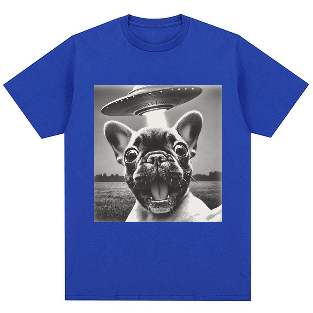 French Bulldog UFO Funny Meme Graphic T-shirt Vintage Fashion Men Women Short Sleeve Oversized Cotton Summer T Shirts Streetwear