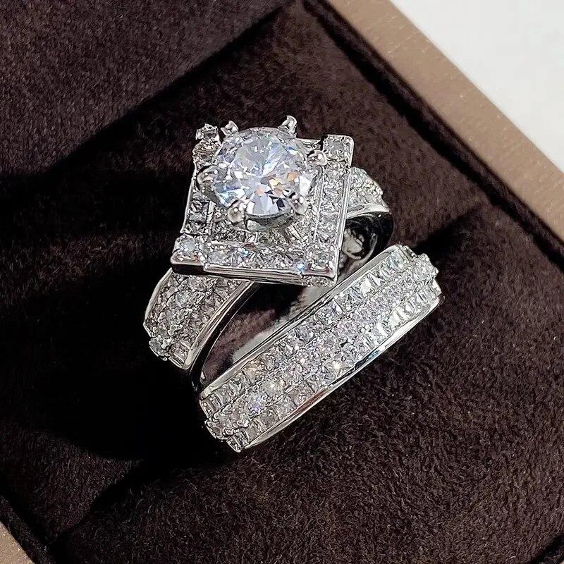 Gorgeous Silver Color Inlaid with Multiple White Zircons Engagement Rings Women Fashion Party Wedding Rings Set