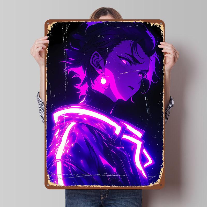 Anime Boy in Neon Lights Metal Poster Custom Wall Art Retro Vintage Tinplate Signs for Man Cave Decoration Living Room Decor Men