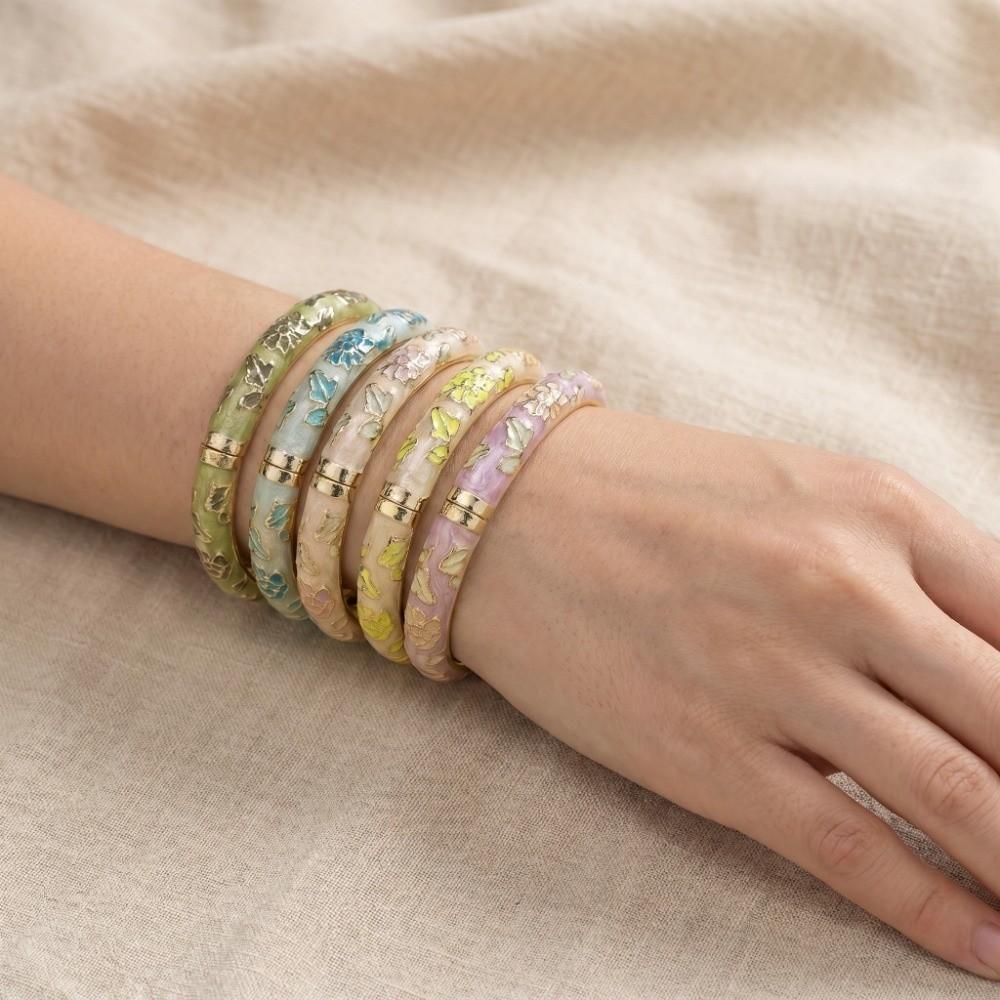 Enamel Floral Flower Leaf Bangle Colorful Women's Hand Bracelet Vintage Cloisonne Bangle Ladies