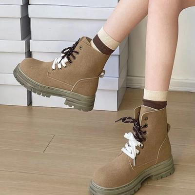 2024 Горячая Распродажа Женская Обувь На Шнуровке Женские Ботинки Осень Круглый Носок Однотонная Флоковая Средний Каблук Водонепроницаемые Короткие Модные Ботинки