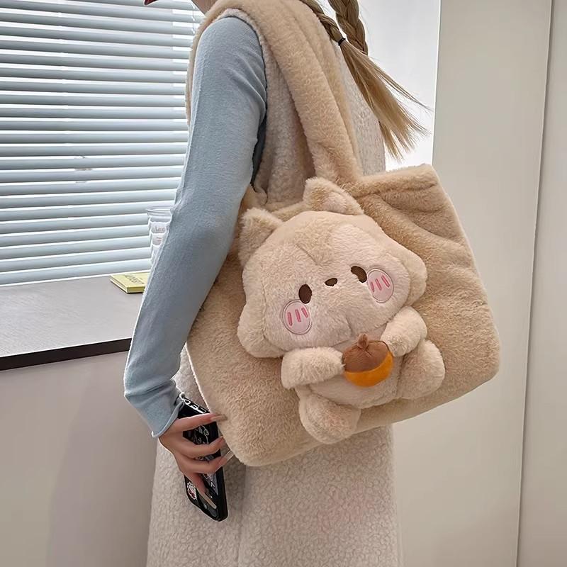JIAERDI Adorable 3D Squirrel Handbag Women Cartoon Lolita Plush Shoulder Bag Ladies Large Capacity Lightweight Tote Bags Winter