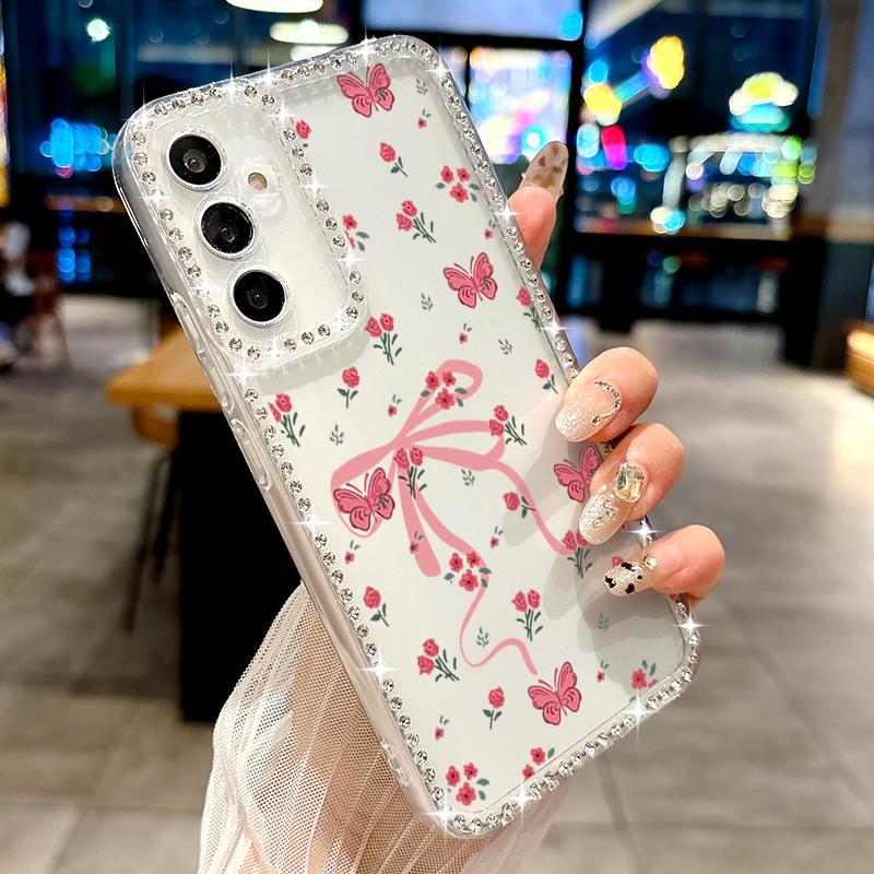 Розовый чехол-бантик для Samsung Galaxy A56 A36 A55 A54 A35 A15 A16 A26 S25 Edge S24 S23 S22 Ultra S24 FE Алмазный чехол для телефона