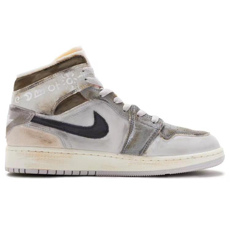 Jordan Air Jordan 1 Mid Амортизация Нескользящая Износостойкая Высокие Баскетбольные Кроссовки Мужские Серый Белый Коричневый DM9652-100(Команда-)