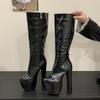 Eilyken Punk Style Square High Heels Women Knee-High Boots Fashion Zipper Platform Round Toe Autumn Winter Shoes