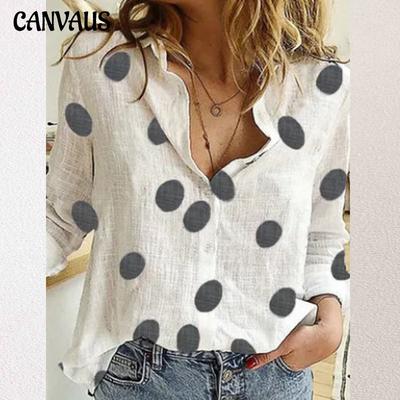 Женские футболки, топы, повседневные льняные рубашки с длинными рукавами и принтом в горошек для женщин, блузка