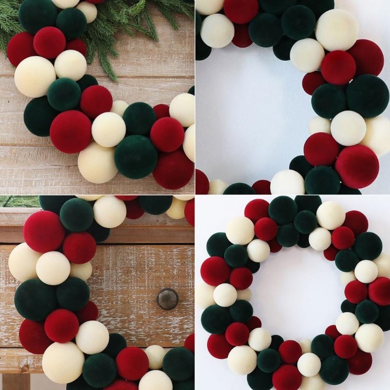 Christmas Ball Wreath For Front Door Christmas Door Wreath with Staggered Three-Tone Ball Clusters, Soft-Looking Texture, and a Back Loop for Entryway