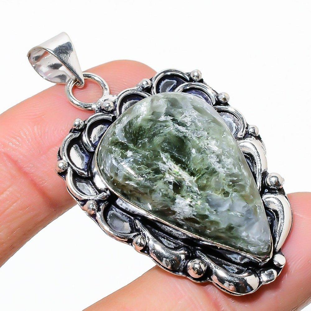 Подвеска из серебра 925 пробы с драгоценным камнем серафинитом 2,05 дюйма q8y19