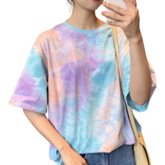 Женская милая футболка Tie Dye O шеи с коротким рукавом, базовая рубашка, свободный топ