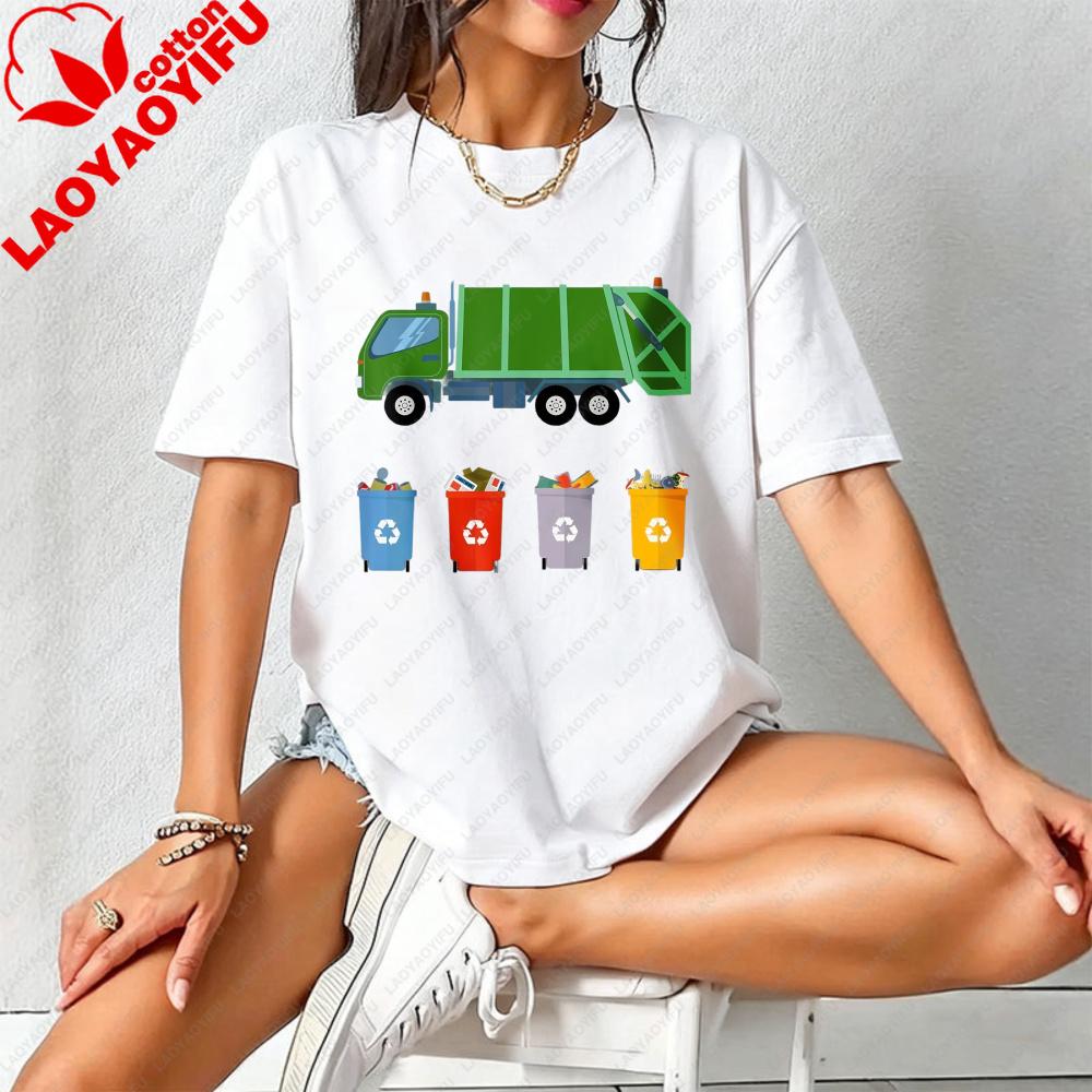 Funny Recycling Truck T-Shirt Recycling Symbols & Cartoon Trash Can Design Tee Environmental Graphic Tee Eco-Themed Apparel For