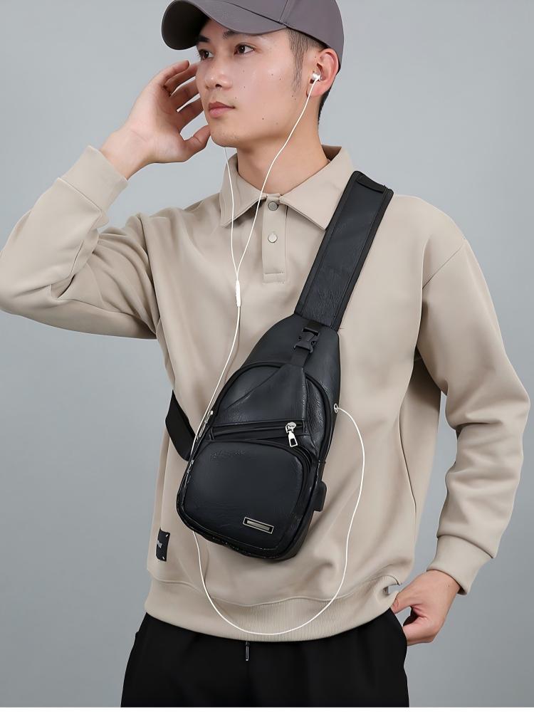 Homefish Simple and Fashionable Casual Solid Color PU Multifunctional USB Charging Zipper Chest Bag Crossbody Bag for Commuting