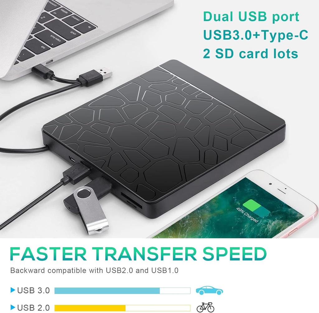 External CD DVD Drive with SD TF Slot & USB Ports, USB 3.0 Type-C Portable CD DVD +/-RW Drive Reader Burner Rewriter for Laptop