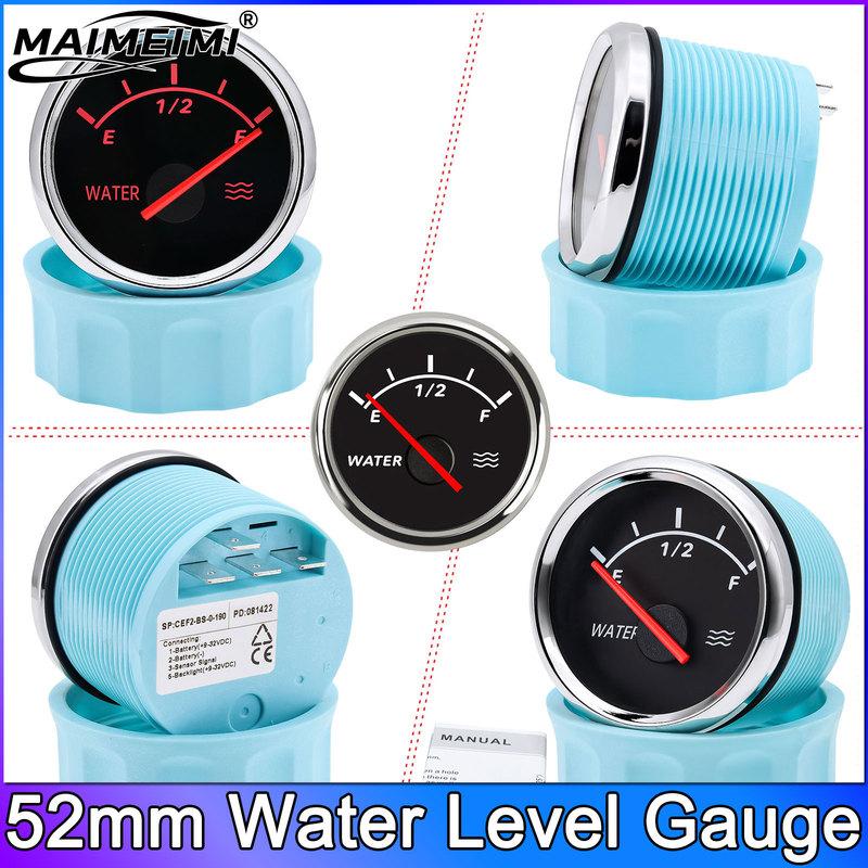 52mm Water Level Gauge for Car Boat Motorcycle Fuel Sensor Water Tank Level Gauge 0~190 240-33Ohm Indicator Red Backlight 9~32V