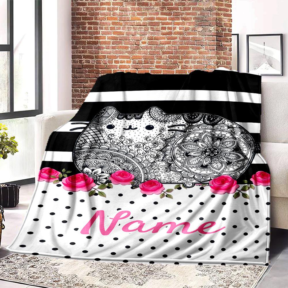 Cute Cat Mandala Design Home Customize Your Name Blankets Soft Warm Lightweight Allseason Multipurpose Blanket For Picnics Sofas Offices Beds Living