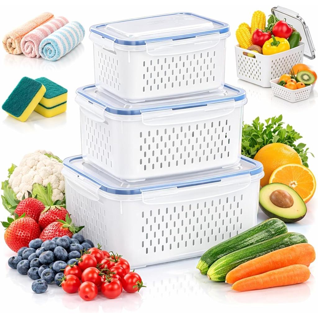 2026 4 in 1 Food Storage Container, Fruit Storage Containers for Fridge with Removable Colanders, Household Transparent Plastic Food Storage Box