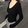 2024 Spring/Autumn Women's V-Neck Slim Fit Long-Sleeve Curved Hem Top