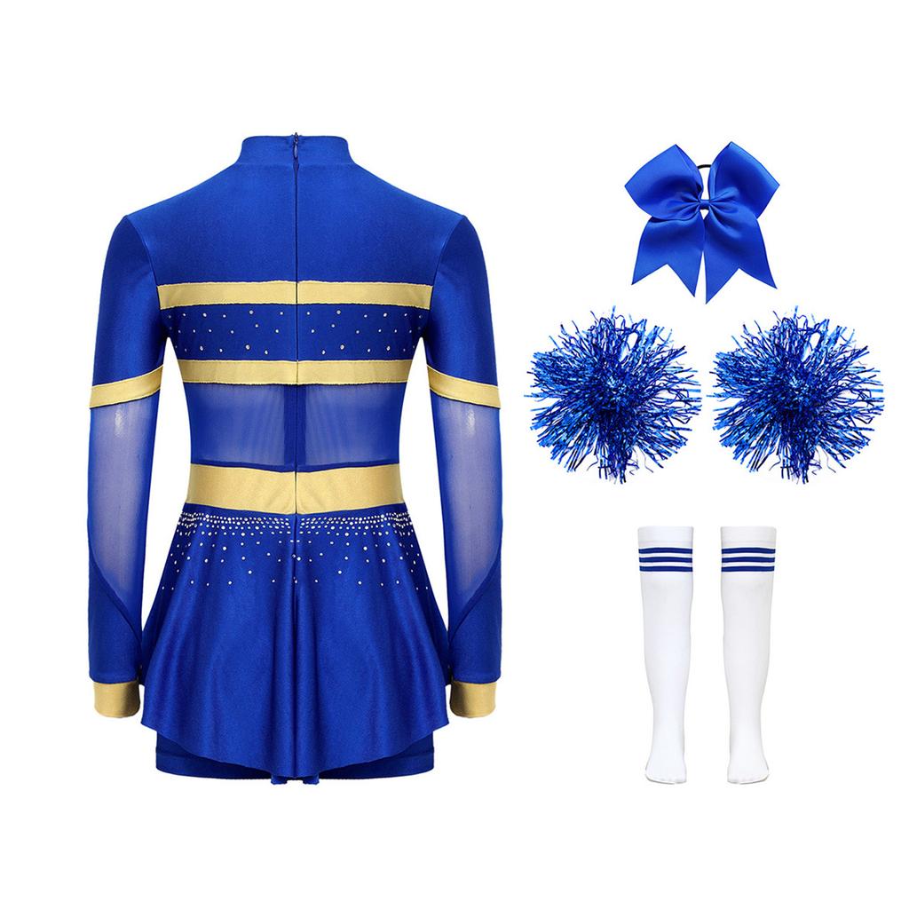 4Pcs Girls Cheer Leader Costume Long Sleeve Diamonds Dance Jumpsuit with Cheerleading Hand Flower Bowknot Hair Ties and Striped Knee High Tube Socks