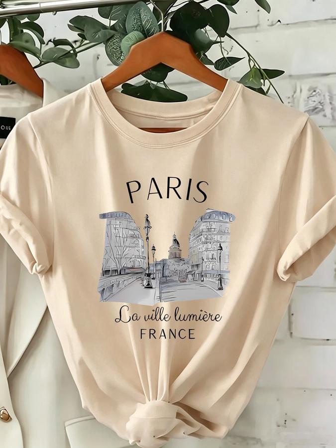 Unisexs Paris Print Crew Neck Tshirt Casual Loose Fit Short Sleeve Top With Eiffel Tower French Lettering Design
