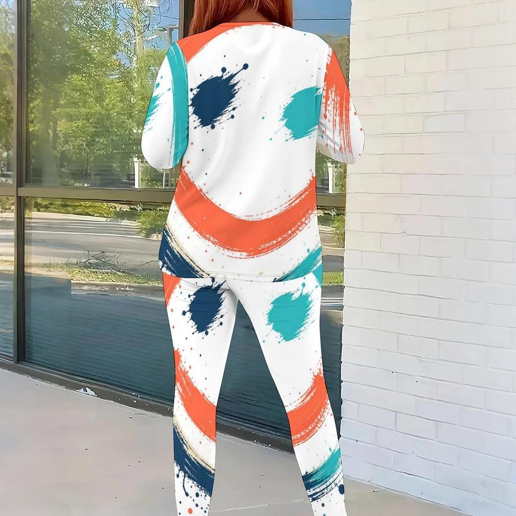 Women Plus Size Beige Green Printed Two Piece Set Round Neck Long Sleeve Top And Fitted Pants