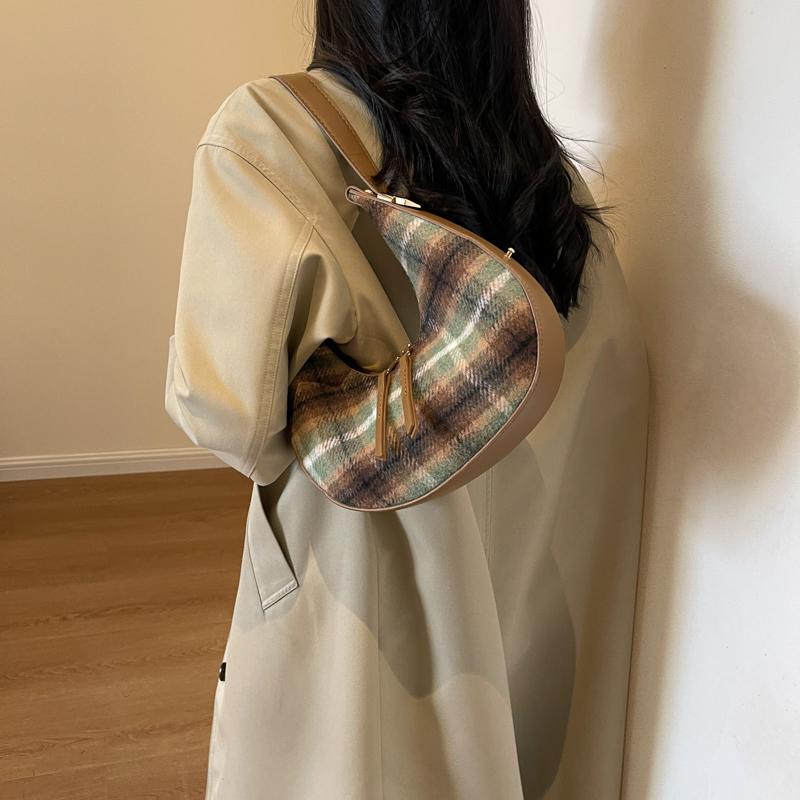 PU Leather Small Bag for Women Grid Striped Half Moon Shoulder Bags Retro Female Underarm Bags Girls New